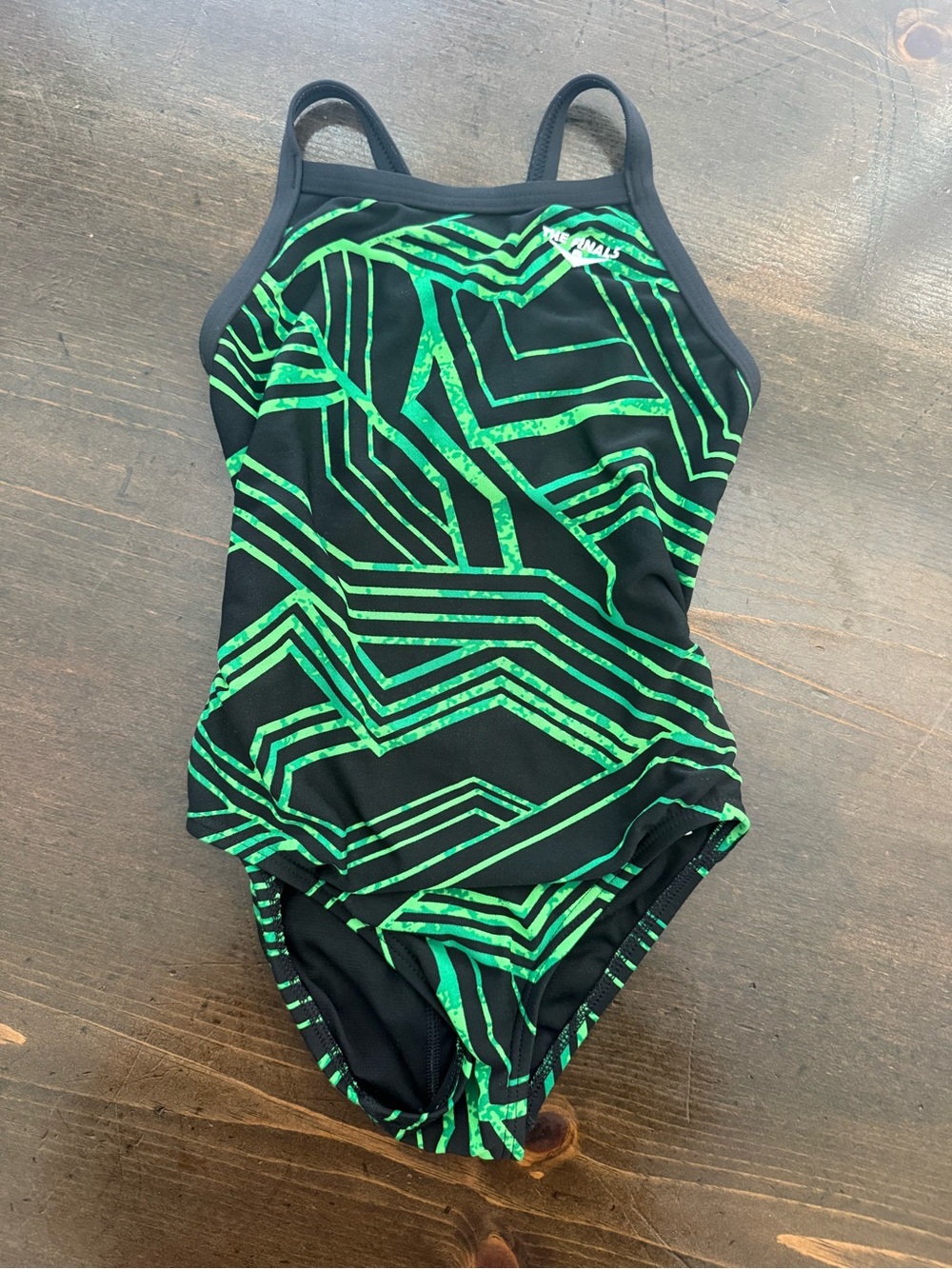 Girls' Black One-Piece Swimsuit with Green Geometric Print, size 24